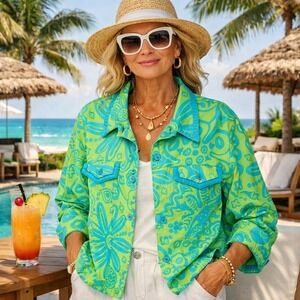 VTG Sea Suns Trucker Jacket Womens L Boxy Floral Colorful Button USA Stretch 90s